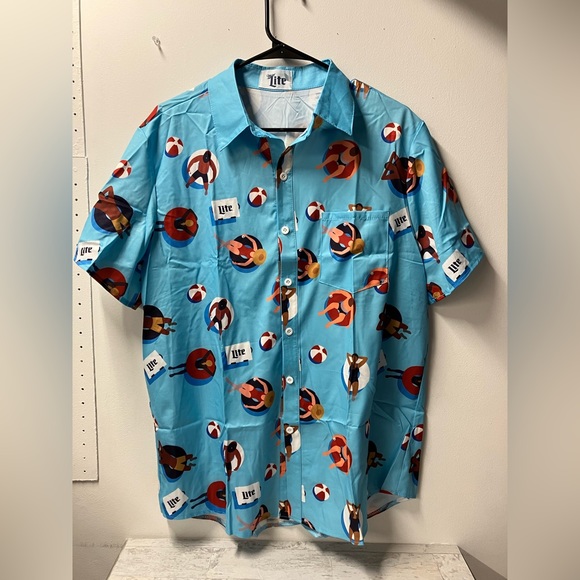 Miller Lite Beer Summer Beach Pool Short Sleeve Hawaiian Shirt Size Medium - Picture 2 of 5
